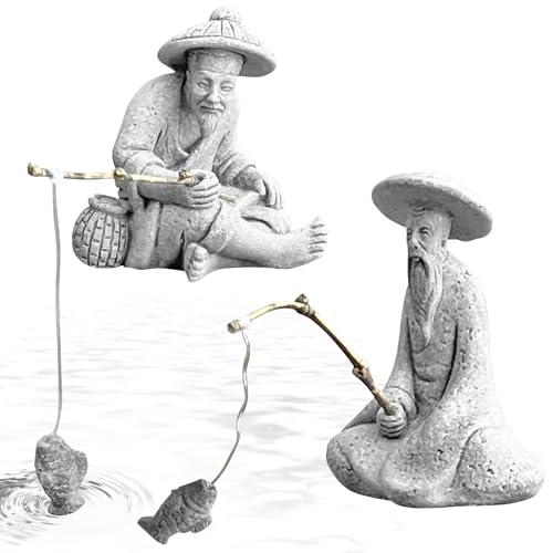 Tfwadmx 2 Pcs Sitting Fisherman Figurines, Aquarium Decorations Mini Fish Tank Ornaments Asian Zen Statue, Sandstone Vintage Aquascaping Decor for Betta Tank Accessories (Small) - size: Small