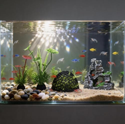 6-Piece Aquarium Plant Set with 5 Green Artificial Plants and Resin Cave Decorations for Betta Fish, Goldfish, and Shrimp for Breeding, Playing, and Resting
