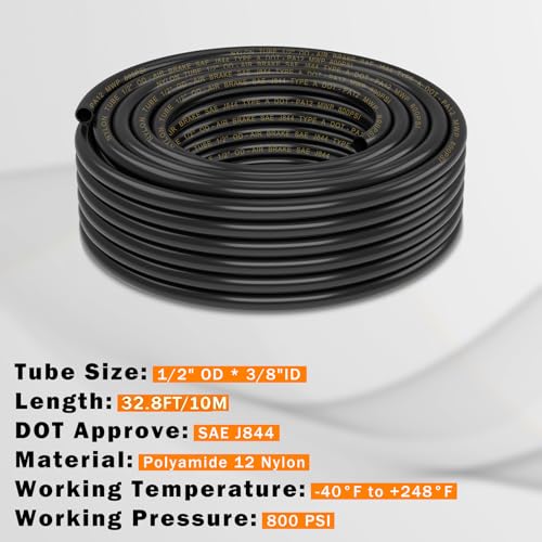 CheeMuii 32.8 FT 1/2" DOT Air Line Air Hose PA12 Nylon 1/2 Pneumatic Tubing SAE J844 DOT Air Hose 10 Meter 1/2 Inch OD Pneumatic Air Tubing Pipe Hose Line - size: 1/2"OD-32.8FT-Single Layer
