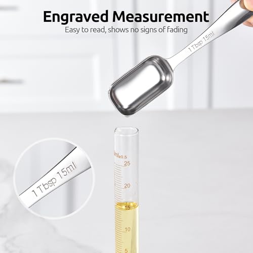 U-Taste Narrow Square Measuring Spoons: 18/8 Stainless Steel Kitchen Measure Teaspoon Tablespoon with Leveler, Polygon Rectangular Metal Jar Scoop for Baking Cooking, Coffee, Spice, Powder (Set of 7) - size: M-6+1 pcs (square)