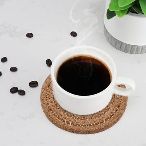ABenkle Drink Coasters with Holder Set of 10, Cotton Woven Absorbent Coasters for Drinks, Minimalist Home Decor Coaster Set for Wooden Tabletop Protection Table, 4.3 inches - color: Brown, size: 10 Pcs