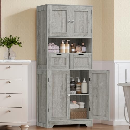 TEENFON 57.8" H Tall Storage Cabinet with 2 Drawers & 2 Adjustable Shelves, Bathroom Storage Cabinet with 4 Doors, Floor Cupboard, for Living Room, Dining Room, Entryway, Woodgrain Gray - color: Grey 2 Drawers