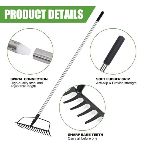 YEELOR Garden Rake, Heavy Duty 16-Tine Bow Rake with Adjustable Stainless Steel Handle, Metal Rake for Yard Work, Loosening Soil, Leveling Mulch, Gathering Leaves