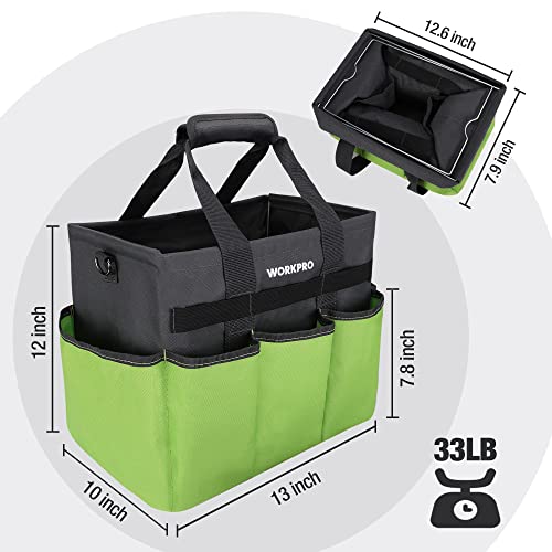 WORKPRO Garden Tool Bag Organizer, Heavy Duty Gardening Tote Bag with 10 Pockets and Long Adjustable Shoulder Strap, Standable Garden Home Tool Kits Organizer, Green (Tools are not Included) - color: Green
