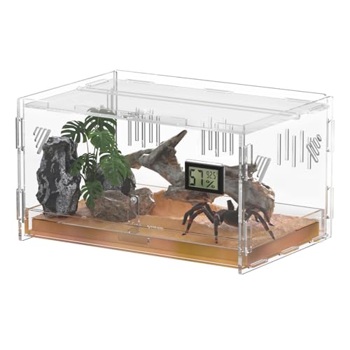 Reptile Terrariums with Temperature Hygrometer, 11.8"x7.9"x5.9" Acrylic Breeding Box Terrarium Cage Tank for Small Reptile Insect Home Office (Terrestrial) - size: Terrestrial--M (Tray)
