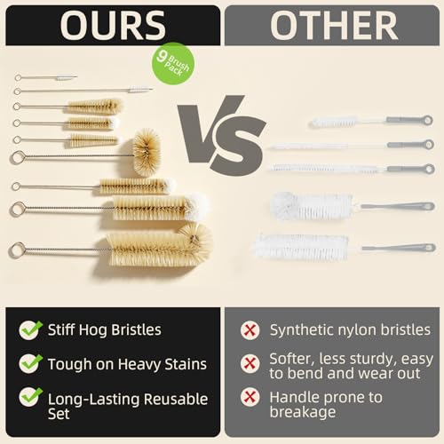 Masthome 9 Pack Bottle Brush Set, Boar Bristle Mixed PP Baby Bottle Cleaner, Long Handle Straw Brushes for Narrow Neck Bottles, Hummingbird Feeder, Wine, Beer