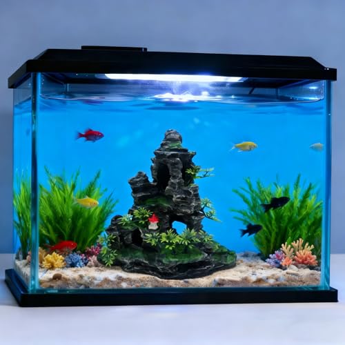 Large Aquarium Decoration Resin Fake Rock Mountain Ornament Landscape Castle Decoration Fighting Fish Reptiles Turtles Hiding Cave Fish Tank Ornaments Accessories - Height 10.7 inches (Green) - color: Green