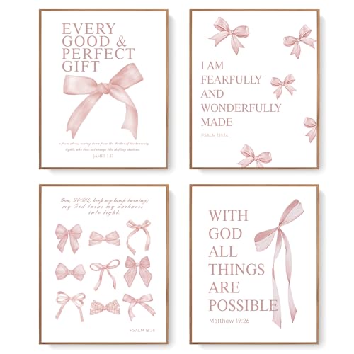 LARTSFRO Coquette Pink Bow Wall Art Decor Posters, Blush Pink Bow Room Bedroom Bathroom Dorm Wall Art Decor Aesthetic for College Teen Girls Gifts, Inspirational Bible Verses Bow Wall Decor, 10x8 Inch Set of 4 Pcs Bow Pictures (UNFRAMED) - color: blush pi