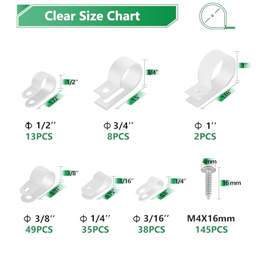 Cable Clips for Cable Management Cord Organizer, 6 Sizes 290 PCS Nylon R-Type, 3/16'' 1/4'' 3/8'' 1/2'' 3/4'' 1'' White Plastic Screw Mounting Cord Fastener Clamp Assortment Kit with M4 Screws - color: 290PCS White
