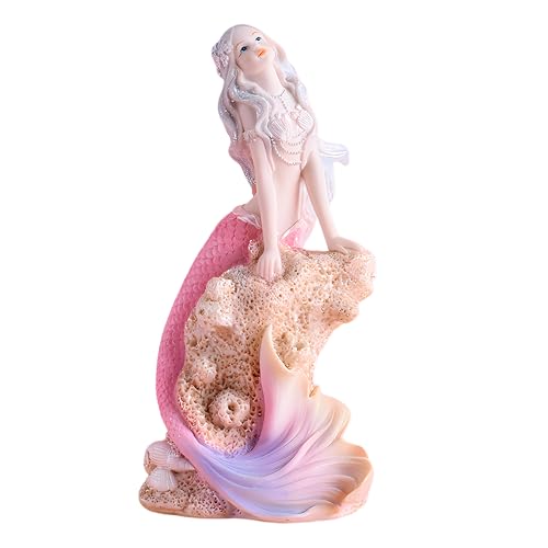 Rayberro 7.48" Mermaid Figurines Resin Pink Mermaid Sculpture Mediterranean Princess Statue Ornaments Home Office Desktop Bookshelf Decor Mermaid Collectible Crafts Fish Tank Aquarium Decoration Gift - color: Pink Hold Hand