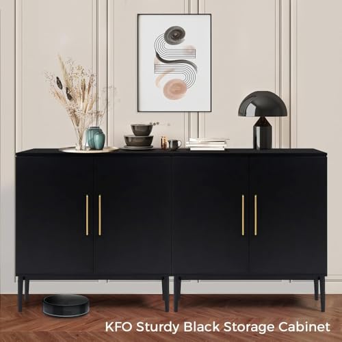 Set of 2 Black Storage Cabinet with Doors, Modern Accent Cabinet, Free Standing Cabinet with Adjustable Shelf, Wooden Buffet Sideboards for Living Room, Kitchen, Dining Room, Entryway - color: Black丨flat Panel, size: 2 Pieces