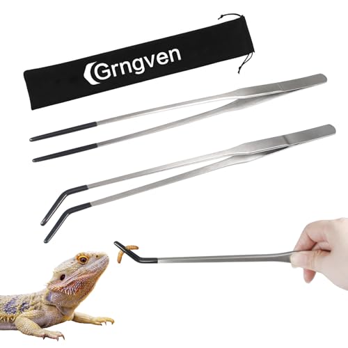 2PCS Stainless Steel Reptile Feeding Tongs with Rubber Tip, 10.6" Straight and Curved Long Tweezers Terrarium Aquascape Tools Feeder for Lizards, Bearded Dragon Snake Enclosure Tank Accessories