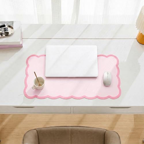 Scalloped Desk Mat, 23.6" x 11.8" Cute Small Aesthetic Desk Accessories, PU Leather Computer Laptop Desk Mouse Keyboard Pad, Desk Writing Mat for Vanity/Work/Home Decor Pink - color: Pink, size: 23.6" x 11.8"