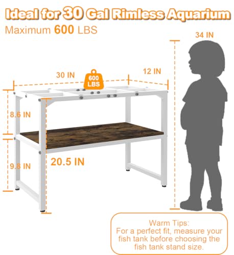Mondazie 30 Gallon Rimless Fish Tank Stand with Shelf for Storage, 2 Tiers Metal Aquarium Stand, Breeder Tank Turtle Reptile Terrariums Stand Rack for Home Office, 30" L x 12" W x 20.5" H, White