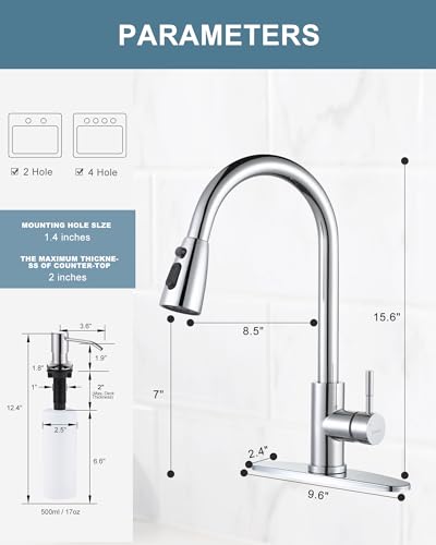 Chrome Kitchen Faucet with Soap Dispenser, WOWOW Stainless Steel Faucet for Kitchen Sink 2 or 4 Hole, High Arc Single Handle Pull Down Kitchen Faucet for Sink, RV, Laundry, Bar - color: Chrome, style: Kitchen Faucet with Soap Dispenser