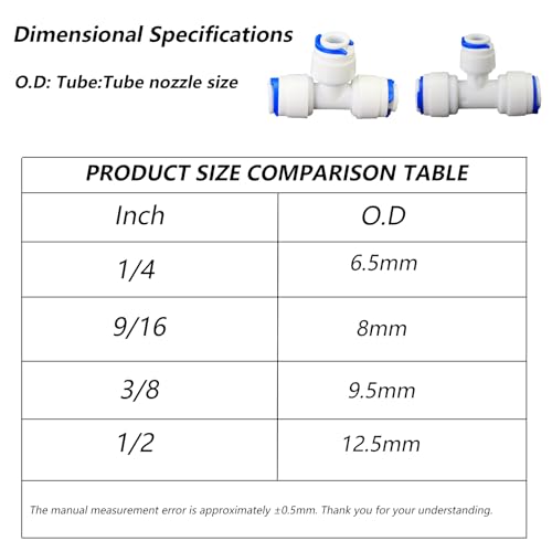 Water purifier adapter, 3/8 * 1/4 * 3/8 "FPT pipe hard plug quick tee, T-shaped tee quick push plastic pipe joint, suitable for reverse osmosis filtration RODI water purifier system 5pcs