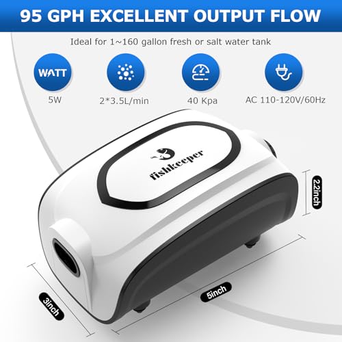 Fishkeeper 5W 90GPH High-Output Aquarium Air Pump, Ultra-Quiet Dual Outlet Adjustable Oxygen Aerator Pump for 1-160 Gallon Fish Tank Bubbler with Air Stones & Check Valves & Y-Splitter - color: White, size: 5W for 1-160 Gallon