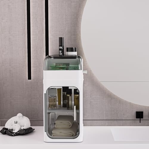 BINSIO 2-Tiers Bathroom Counter Organizer, Slim Bathroom Organizers and Storage, Toilet Paper Storage, Bathroom Organizer Storage Cabinet, Portable Laundry Room Organization, Plastic White Clear Doors - size: 2 Tiers
