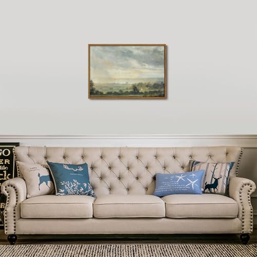 OIQArtOIQ Vintage Framed Wall Art Pastoral Landscape Canvas Art Prints Rustic Farmhouse Pictures Wall Decor Modern Cottagecore Paintings Artwork For Bedroom Kitchen Bathroom Office Living Room - color: Cloudy Sky, size: 16x24 in