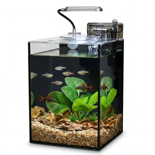 2.2 Gallon Small Aquarium Set Glass Fish Tank,Desktop Small Aquarium Kit for Beginners and Children to Keep Betta Fish, Goldfish, Shrimp, and Aquatic Plants (Black, 2.2 Gallon (Complete Kit)) - size: 2.2 Gallon (Complete Kit)
