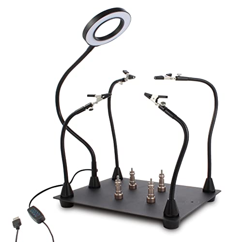 FEITA Helping Hands Soldering Clamp Station, 3X LED Magnifying Glass Lamp with Magnetic PCB Circuit Board Holder, Heavy Duty Base with Flexible Metal Wire Clips Tool
