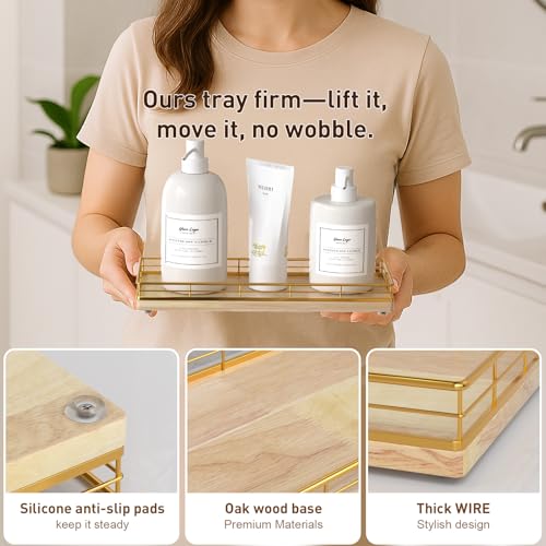 Bathroom Tray for Counter Top Organizer – Oak Wood Vanity Tray with Metal Frame for Dresser, Kitchen, Nightstand – Gold & Oak Decorative Storage - color: Gold & Oak, size: 11" x 4.5" x 1.5"