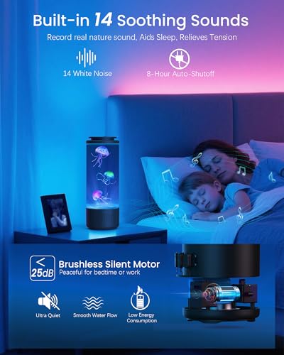 Jellyfish Lamp Bluetooth Speaker with White Noise – 7 Color Changing Jelly Fish Tank Aquarium Light, 4 Lighting Modes for Relax & Sleep, Home Office Bedroom Decor, Gift for Kids Teens Adults