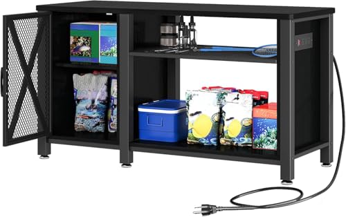 DWVO 55-75 Gallon Aquarium Stand with Power Outlets, Cabinet for Fish Tank Accessories Storage - Heavy Duty Metal Fish Tank Stand Suitable for Turtle Tank, Reptile Terrarium, 860LBS Capacity, Black