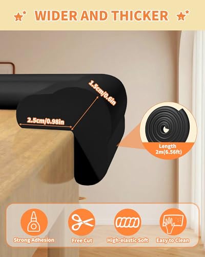 Edge Corner Protector Baby Proofing, 6.56FT 0.6'' Thicken L-Shape Furniture Fireplace Safety Bumper Guard with 6 Corners, Pre-Taped, Soft NBR Rubber Foam, Table Edge Protector for Baby (Black) - color: Black, size: 0.6''Th (6.56ft)