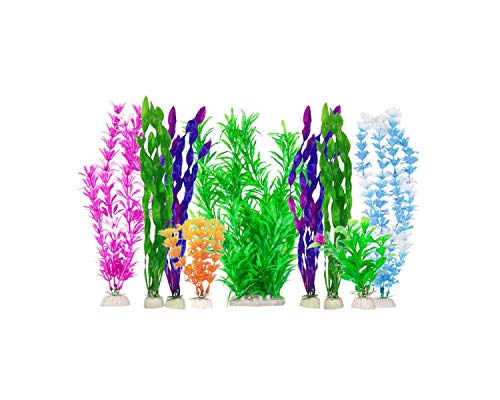 CNZ Assorted Color Aquarium Plastic Plant Decoration w Ceramic Base (9-Piece Assorted)