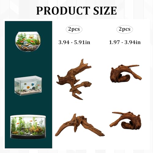 4PCS Driftwood for Aquarium, 1.96''-5.91'' Aquarium Driftwood, Fish Tank Driftwood, Ideal for Fish Tanks, Freshwater Aquariums, Terrariums（Random Style）