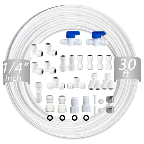 NSF 1/4" inch Water Line Tubing and Push to Connect Fittings for Reverse Osmosis Water Filter RO fittings (Refrigerator Kits),23 pcs connetors+30 feet 1/4" O.D. (6.4mm) water tubing. - style: 1/4"(23pcs+30feet)
