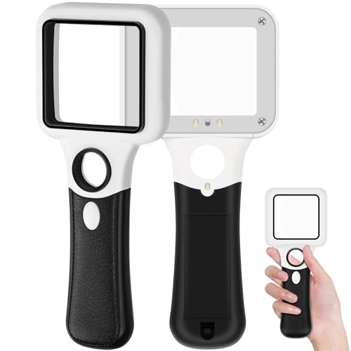 Compact Magnifying Glass with Lights,45X 10X Small Handheld Lighted Magnifier,3 LED Light Magnifying Glass for Reading Small Prints & Low Vision Seniors Rectangle 2PACK - color: 2 Pack Black Handle&white Frame