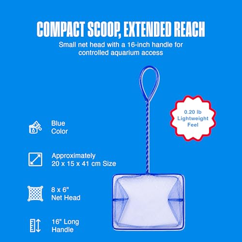 Penn-Plax Quick-Net Aquarium Fish Net - Fine Mesh, Vinyl-Covered Braided Handle - Small Aquarium Cleaning Tool for Gentle Fish Handling - Use in Freshwater & Saltwater Tanks - color: Blue, size: 8" Net - 16" Handle