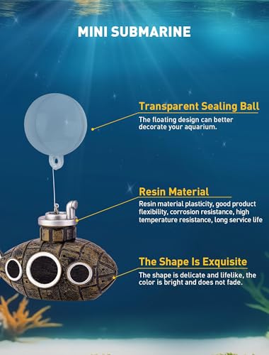 SARDVISA 2.1 in Mini Floating Submarine Fish Tank Decoration, Safe Resin Aquarium Decoration for Betta Toys, Cichlid, Goldfish, Shrimps and Hermit Crabs, Cute Retro Underwater Fish Tank Accessories - size: 2.1'' Mini Floating Submarine