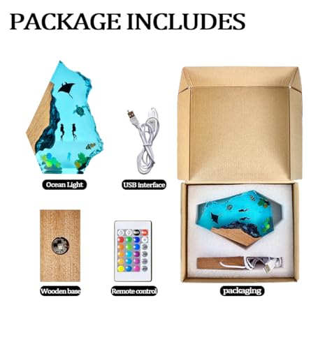 Handmade 3D Ocean Resin Lamp-Handcrafted Diving Night Light,Multiple Adjustable LED Light Sources Wooden Base with USB Port,Birthday Gift for Boyfriend Girlfriend Men Dad Divers(Devilfish,6"x4") - style: Devilfish&Sea Turtle