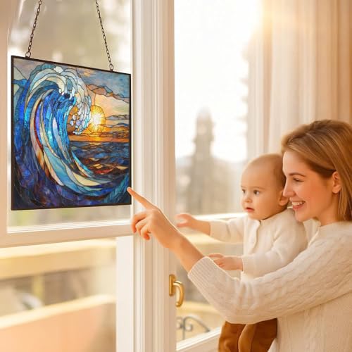 Rectangle Art Nouveau Spiral Ocean Wave Stained Glass Window Hanging, 15" W X 11" H Stained Glass Panel with Chain, Suncatchers for Windows Hanging Decorations, Gifts for Mom, Grandma - color: Art Nouveau Spiral Ocean Wave 1, size: 9.4x7.1 IN