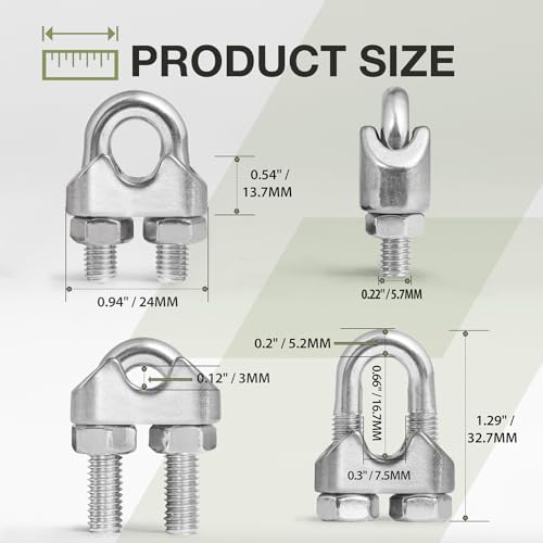 12pcs M6 Wire Rope Clamp, 1/4 inch Cable Clamps Stainless Steel Wire Rope Clips - size: M6