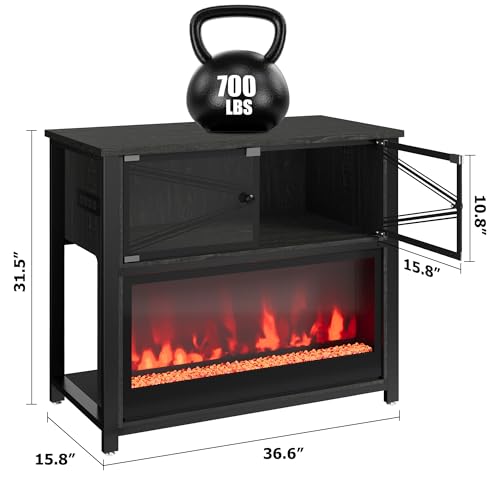 40-50 Gallon Fish Tank Stand with 20-Color LED Flames, No Heat, Metal Frame Structure Aquarium Stand, Glass Doors Storage Cabinet Holds Up to 700 LBS, Fit for Turtle Tank, Reptile Tank (Black)