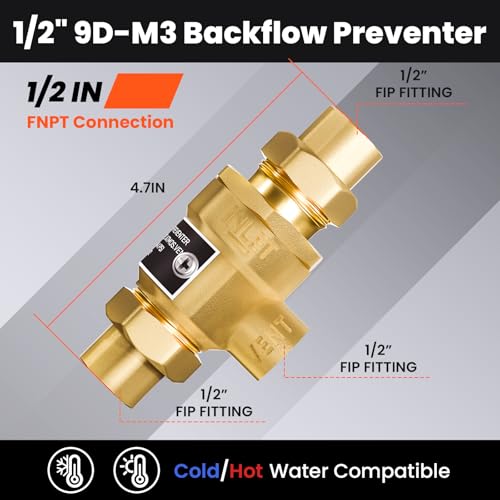 1/2" 9D-M3 Backflow Preventer, Brass Dual Check Valve with Intermediate Atmospheric Vent, 1/2 Inch back flow preventer valve Female Union, Vertical or Horizontal Install