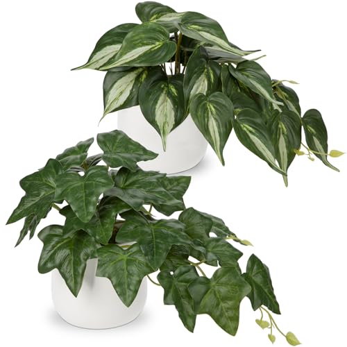 GnFlus Fake Plants Set of 2 Artificial Plants Faux Ivy Pothos with White Ceramic Pots Fake Potted Plants Artificial Decor for Home Bathroom Shelf Desk Indoor - color: Fake Plants #3