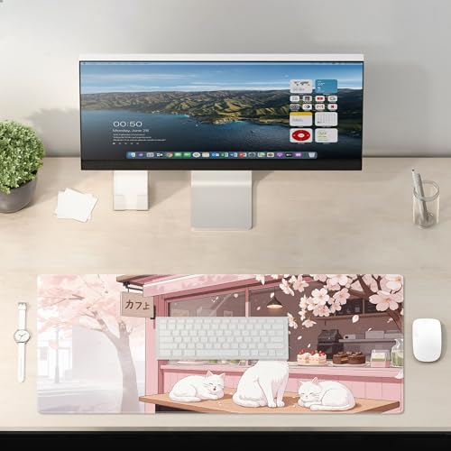 Pink Cute Cat Gaming Mouse Pad Large Desk Mat Extended Keyboard Mouse Pad Anime Mousepad with Non-Slip Base and Stitched Edge Mouse Mat Desk Pad 31.5 x 11.8 in Mouse Pads for Desk Home Office Gaming - color: Pink Cherry Blossom Cat