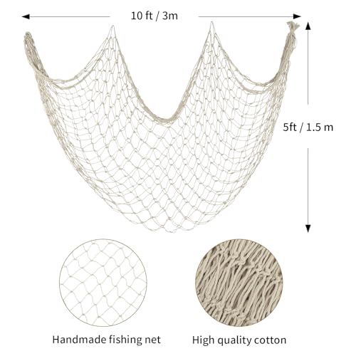 ZUEXT Beige Decorative Fishing Net 5x10 ft, Large Picture Fish Net 3mm Thick, Wall Photo Hanging Fishnet Table Runner for Nautical Mermaid Pirate Ocean Themed Hawaii Beach Under the Sea Party Decorations - color: Beige White, size: 5 ft x 10 ft - 1 Pack