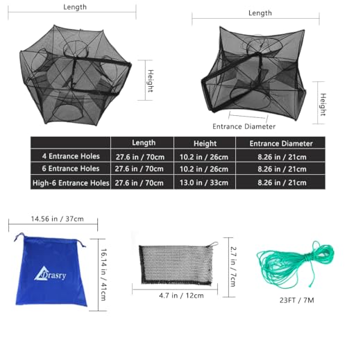 Drasry Black Fishing Bait Trap Foldable Fish Net for Minnow Crab Crayfish Crawdad Shrimp Trap Cast Net Dip Cage Collapsible Easy Use 4 6 Hole Fishing Accessories - color: Black, size: 27.6*10.2 in（ 70*26 cm）, style: 1pcs 4 Entrance Holes