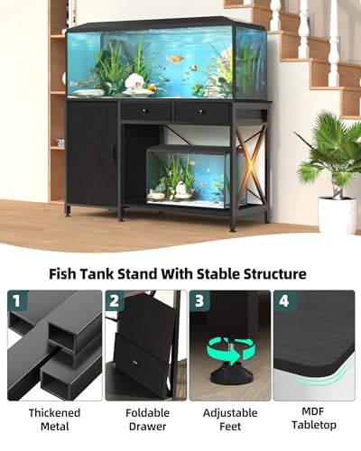 Fish Tank Stand for 55-75 Gallon Fish Tank: Aquarium Stand with Power Outlet - Metal 55 Gallon Tank Stand with Cabinet Drawer Storage for Turtle Tank, Reptile Terrarium (Black 1200LBS Capacity) - color: Blcak, size: 55-75 Gallon