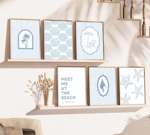 Gschupy Beach Decor Wall Art 6 Piece, Beach Themed Canvas Wall Decor,Meet Me at the Beach Coastal Prints with Blue Stripe, Nautical Wall Art for Coastal Home Bedroom Bathroom Decor 12x16inch unframed - color: Beach Chairs, size: 12x16in