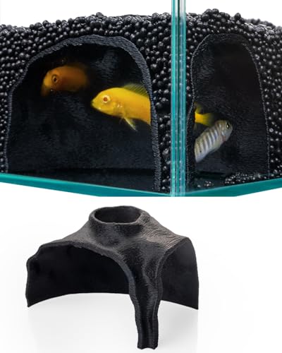 Aquarium Cave – Rock Texture Fish Shelter with 180° Viewing Angle, Betta Fish Tank Accessories, Shrimp & Snails – Aquarium Decor & Tunnel (Black) - color: Black