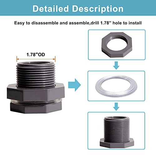 Ququyi 1 Inch PVC Bulkhead Water Tank Connector Adapter Fitting with Plugs Thru-Bulk Pipe Fitting for Rain Barrels, Aquariums, Ponds(Set of 1) - size: 1"-1pcs