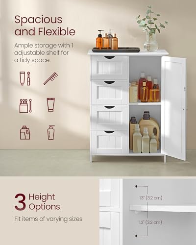 VASAGLE Storage Cabinet with Drawers, Freestanding Floor Cabinet with Door, 11.8 x 21.7 x 32.3 Inches, Adjustable Shelf, for Bathroom, Living Room, Kitchen, Cloud White ULHC041WH01S - color: Cloud White, style: 1 Door + 4 Drawers（32.3"）