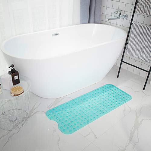 TEESHLY Bathtub Mats for Shower Tub, Extra Long Non-Slip 39 x 16 Inch Bath Mat with Drain Holes and Suction Cups, BathMat for Bathroom with Machine Washable (Clear Turquoise) - color: Clear Turquoise